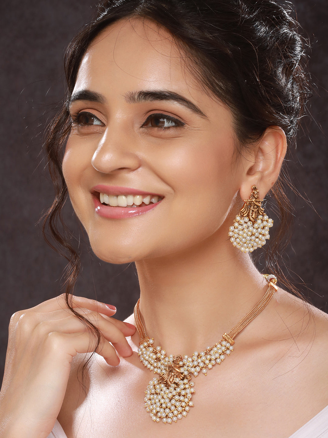 Gold Plated Pearl Beaded Shri Krishna Motif Designer Jewellery Set